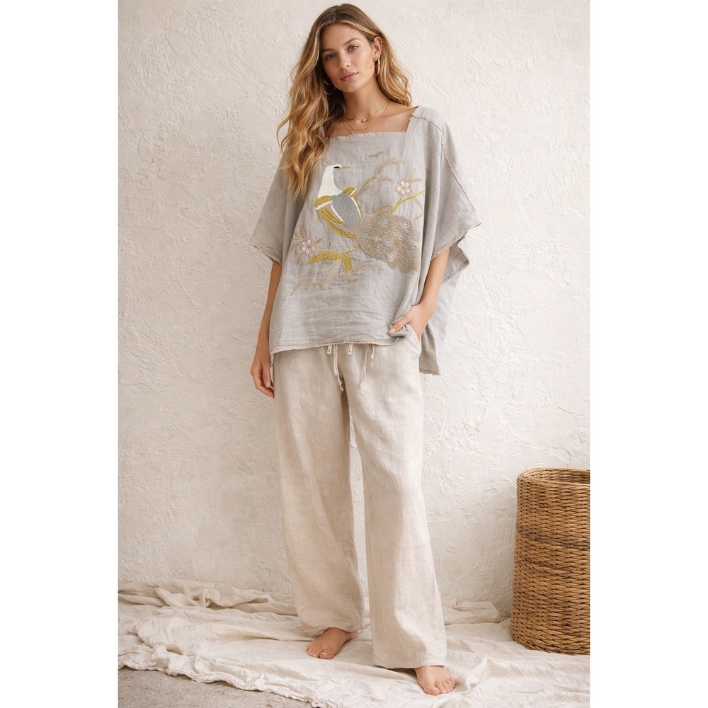 Athena Marie 100%‎ Linen Peacock Embroidered Boxy Lagenlook Boho Top Blouse OS